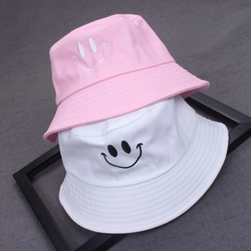 

Spring Fabric Tide Hat Children's Embroidery Smile Face Bucket Hat Personality Wild Travel Baby Along The Basin Cap Dropshipping