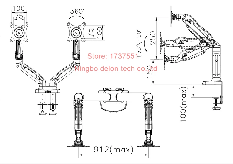Nb F160 2" Полное движение воздушный пресс газовая стойка двойной ЖК-телевизор крепление двойной монитор экран 360 Поворот USB3.0 Настольный держатель кронштейн