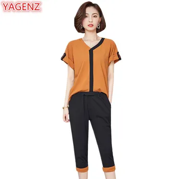 

YAGENZ Summer Two Pieces Set Womens Plus size 5XL Bust:120cm Fashion Set Short sleeve stitching Tops and Seven points Pants 1019