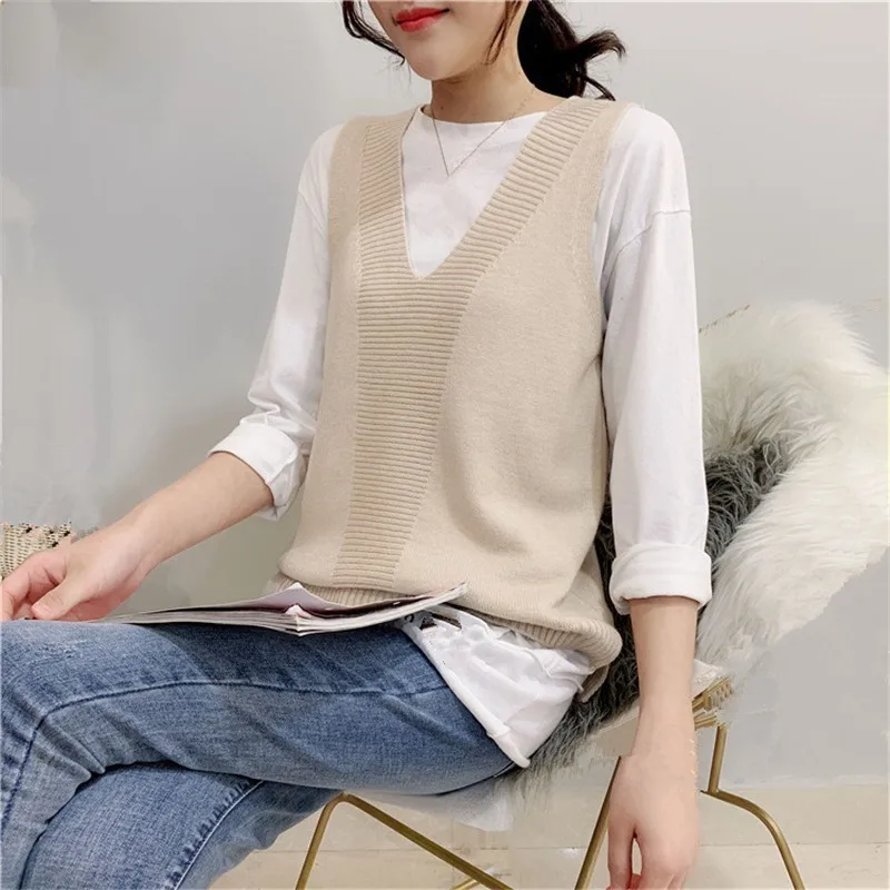 

Sweater Women Autumn Winter Knitted Vest Loose Sleeveless V-collar Sweaters