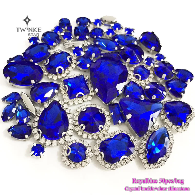 

Royalblue color Mix size Crystal buckle+claw rhinestone,Silver base galss sew on stones diy/Clothing accessories 50pcs/pack
