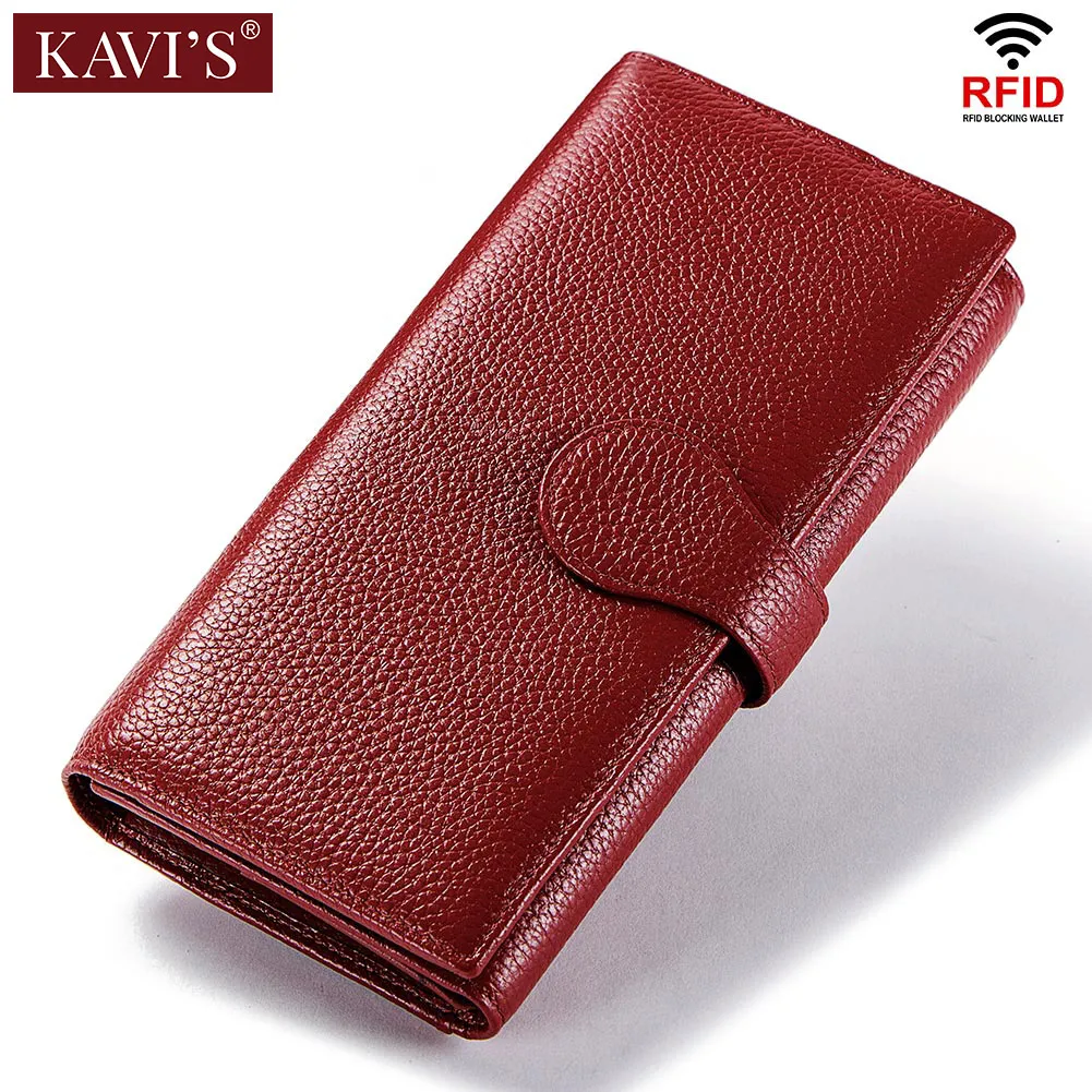 

KAVIS Rfid Genuine Leather Women Wallet Female and Purses Red Color Long Clutch Lady Vallet Portomonee Fashion Money Bag Handy