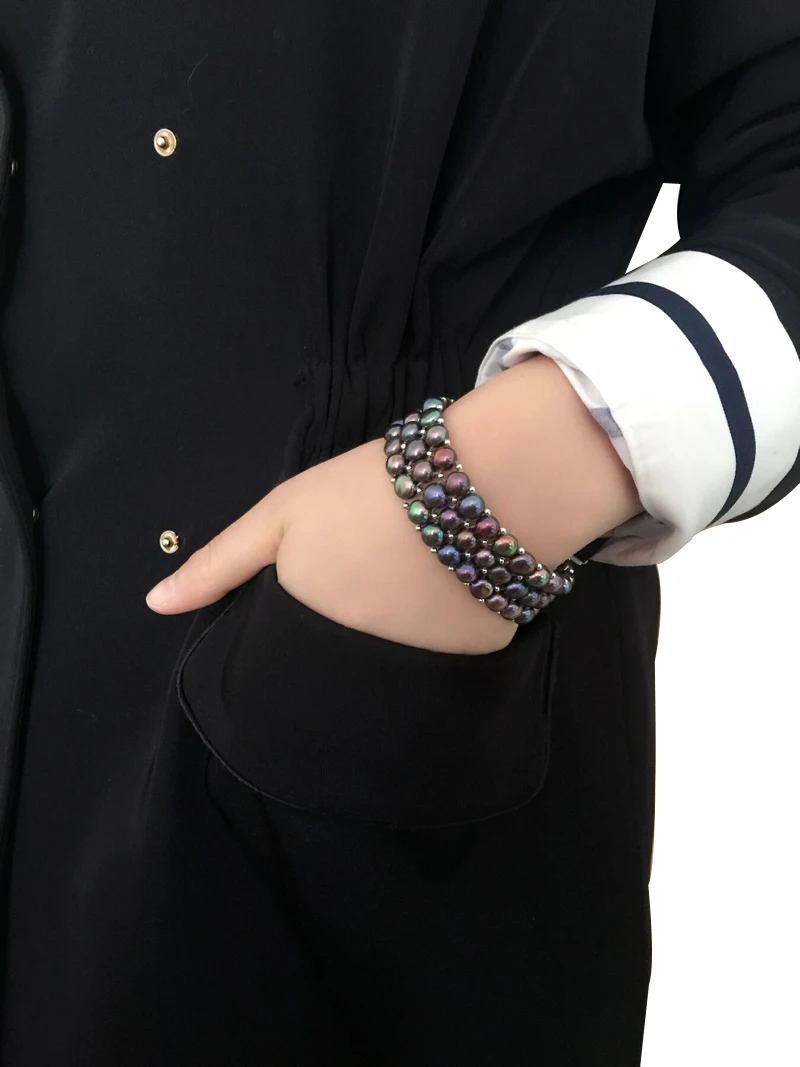 Настоящий многослойный браслет из натурального пресноводного жемчуга для женщин, модный 3 ряда черный эластичный браслет