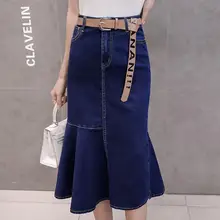 Женская высокая талия посылка бедра, джинсовая юбка Русалка его оборки Дамские элегантные узкие джинсовые юбки до колена