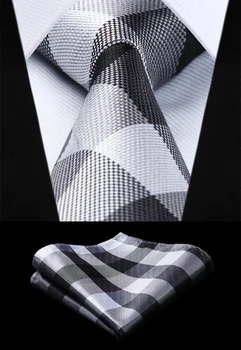 

Woven Men Tie White Gray Black Plaid Check Necktie Handkerchief Set# TC920L8S Party Wedding Classic Pocket Square Tie