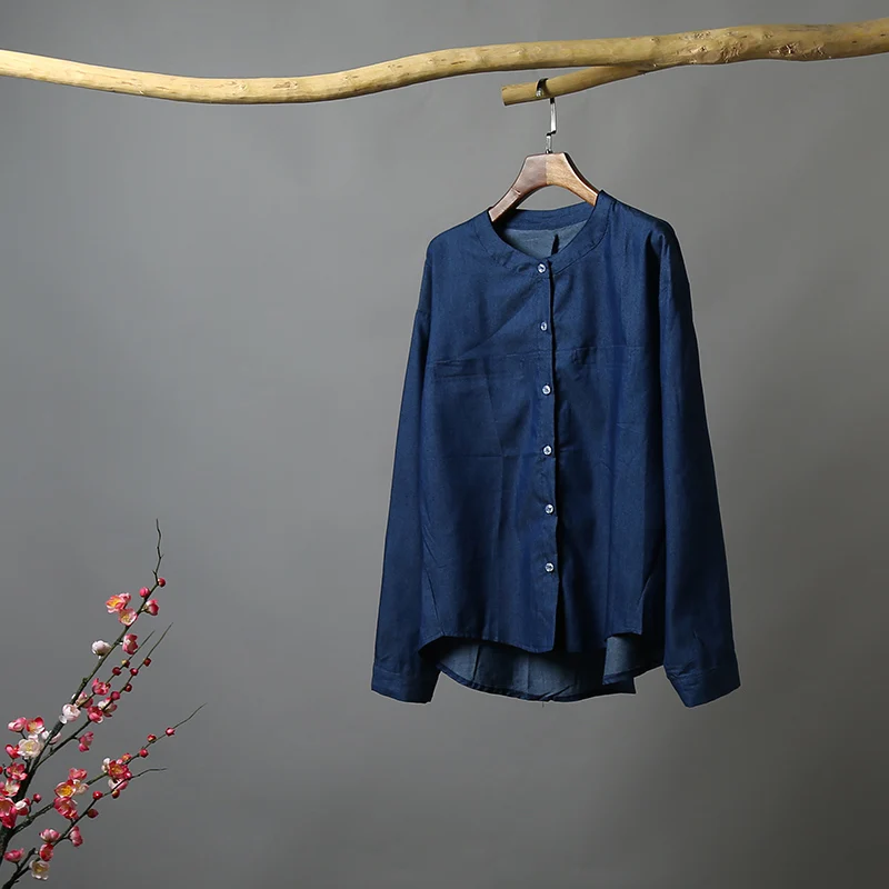 

New Women Retro Denim Shirt Button Front O-Neck Long Sleeve Casual Shirts Blouse Tops Fashion Plus Size Blouse blusas mujer