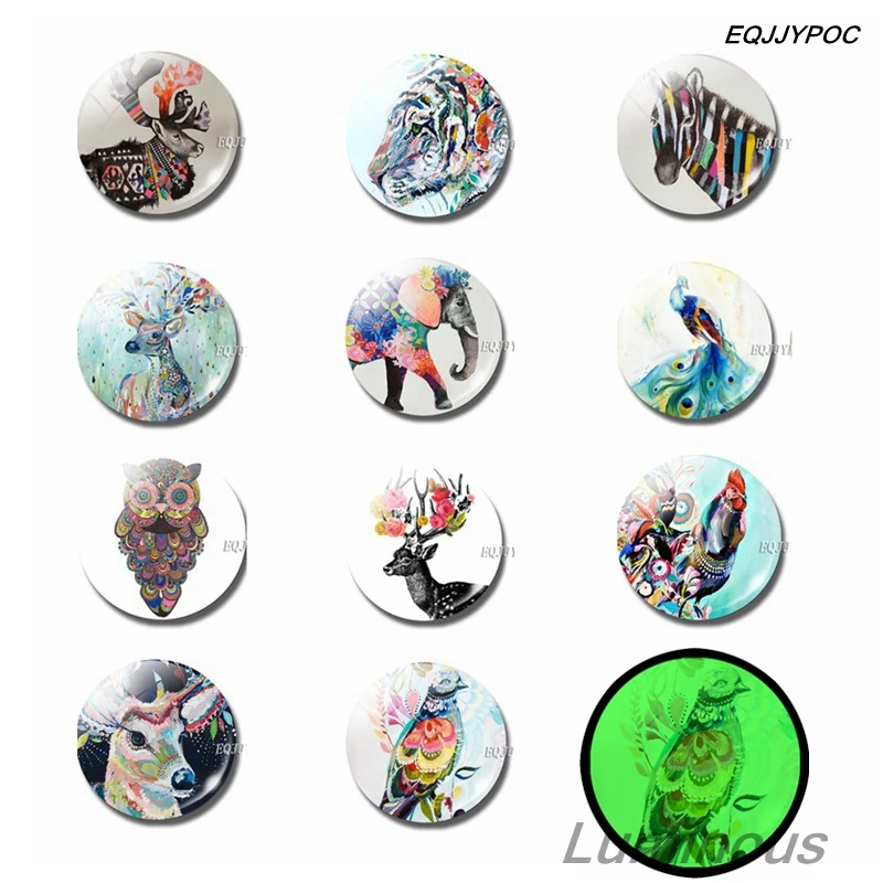 

Luminous Cartoon Animals Fridge Magnet Set 25 MM Elk Tiger Elephant Zebra Owl Glass Magnetic Refrigerator Magnets Home Decor