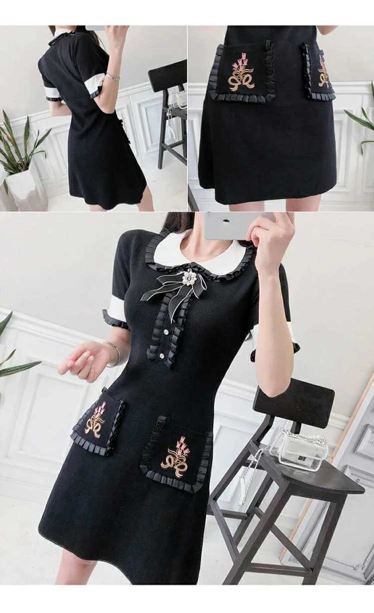 Trytree Autumn Winter Women Dress Casual Peter pan Collar Bow Embroidery Pocket Shirt Dresses Knitting Black Straight Mini Dress