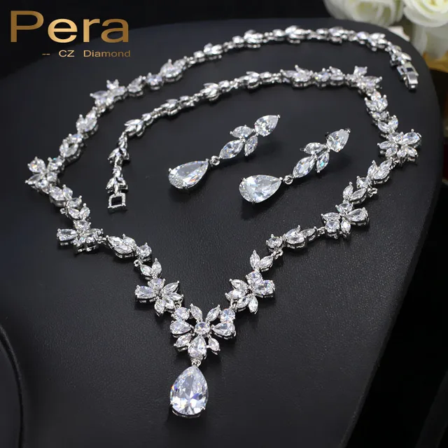 Pera Luxury Cer Flower Marquise Cubic Zirconia Drop Necklace And Pera Luxury Cer Flower Marquise Cubic Zirconia Drop Necklace And Earrings Bridal Wedding Costume Jewelry Set
