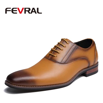 

FEVRAL Classic Dress Loafers Shoes Wear-resistant Leather Business Shoes Leisure Men's Flats for Lace-up Non-Slip Party Footwear