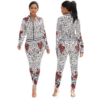 

Spring Autumn O-neck Long Sleeve Women Two-piece Set 2020 New Casual Flower Print Long Pants Sets Fashion Zipper Slim 2Piece Set