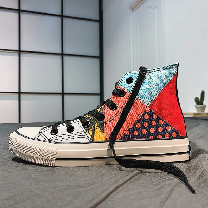 

men canvas patchwork mix color youth dancing shoes Platform hip hop short boots Men high top sport sneaker