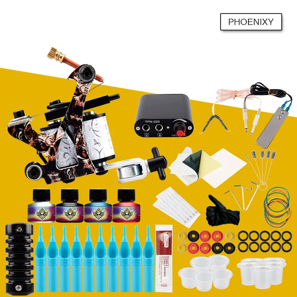 

Starter Tattoo Machine Kit Set 8 Coils Guns 4 Colors Black Pigment Sets Power Tattoo Beginner Grips Kits Permanent Make up