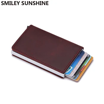 

Genuine Leather Men Wallet Mini Purse Male Vintage Automatical Aluminium Rfid Card Holder Wallet Small Smart Wallet Money Bag