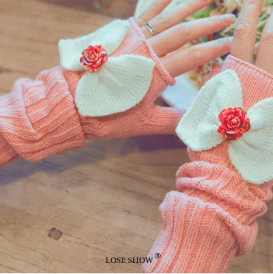Женские перчатки с розами и бантиком, теплые рукавицы на запястье, зимние весенние перчатки без пальцев - Цвет: Pink