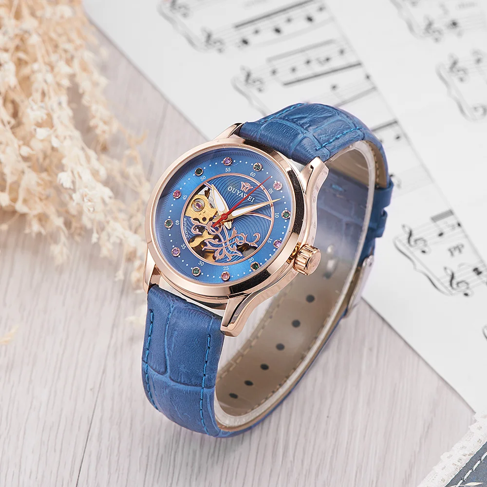 OUYAWEI Brand Skeleton Gold Mechanical Automatic Watch Women Fashion White Black Blue Watches Ladies Clock Relogio Feminino