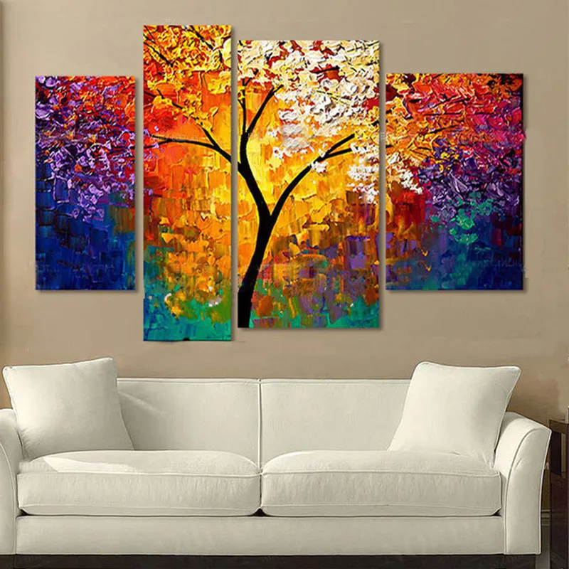 

Handpainted Abstract Knife Palette Tree Oil Paintings on Canvas Home Decor Wall Art Pictures Modern 4 Panel Colorful Painting