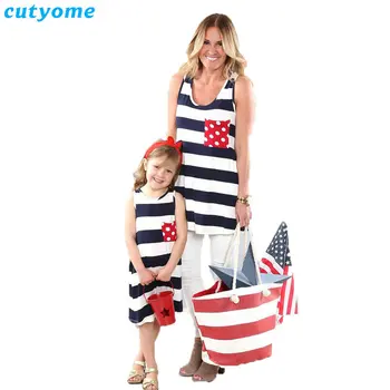 

Mother Daughter Matching Dress Striped Sleeveless Dresses Bow Family Look Mommy And Me Beach Dress For Girls Clothing Outfits