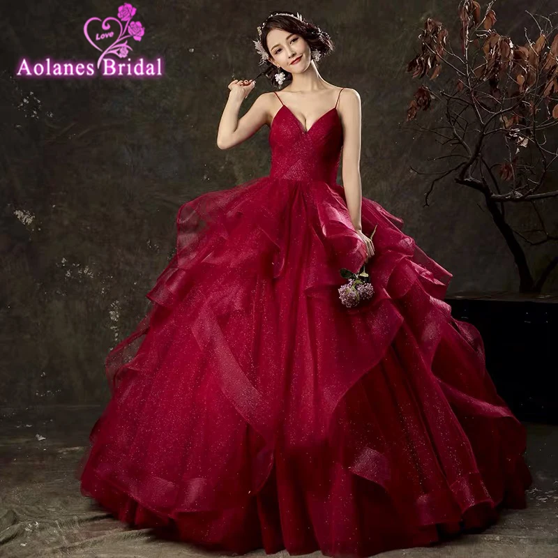 

Dark Red Ball Gown Princess Prom Dresses 2019 With Straps V Neck Pleats Ruffles Floor Length Teens Formal Burgundy Party Gowns