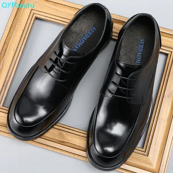 

QYFCIOUFU Brand Round Toe Vintage Men Dress Shoes Genuine Leather Lace-up Wedding Business Office Shoes Men Black Formal Shoes