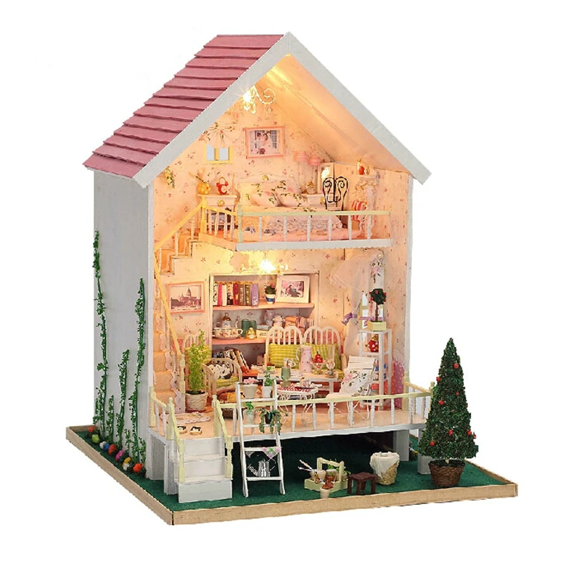 

Christmas Gift Diy Doll House Assembling Handmade Model Building Kits Gift Belt 3D Miniature Wooden Dollhouse Toy Dolls