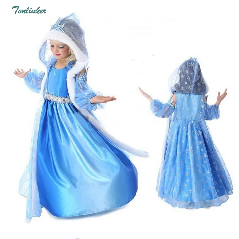 Платье Снежной Королевы Эльзы на Хэллоуин для девочек; Детские костюмы; маскарадные платья принцессы со снежинками и капюшоном для детей 2-10 лет; цвет синий; Vestido