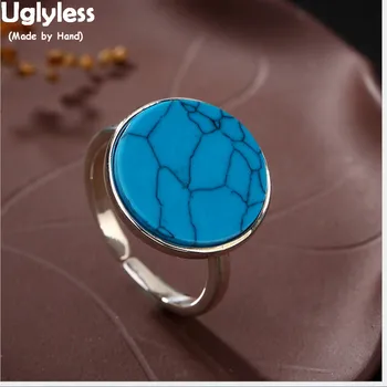 

Uglyless Real S 925 Sterling Silver Natural Turquoise Round Button Ring Vintage Ethnic Bohemian Women Open Rings Handmade Bijoux