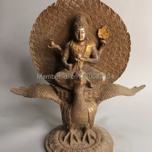 1" китайская Бронзовая позолоченная статуя Будды 4 руки Кван-Инь павлин пава Феникс