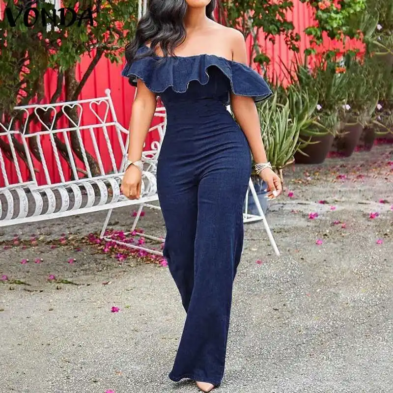 VONDA Rompers Women Jumpsuit Female Demin Pants Office Ladies Bodysuits Ruffle Sleeveless Summer Pantalon Plus Size Overall
