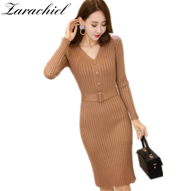 

New Autumn Winter Bodycon Knitted Dress Women Long Sleeve Sexy V Neck Belt Knee Length Dress Casual Office Lady Sweater Dress