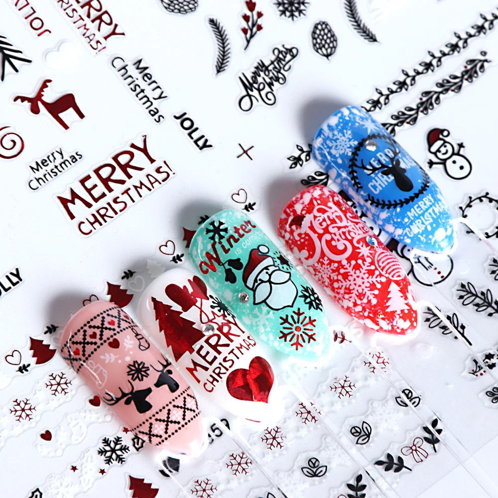 12 видов конструкций рождественские наклейки для ногтей пластиковые наклейки Санта Клаус Снеговик Олень рождественские наклейки украшения фольги маникюрные BESQ037-060