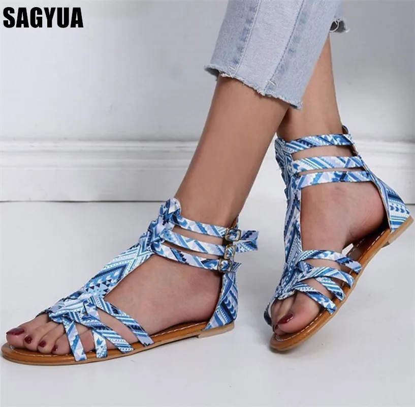 

Women shoes summer ethnic flat shoes plus size ladies Open toe Leisure Rome shoes outdoor Beach Rear zipper woman sandals Z134