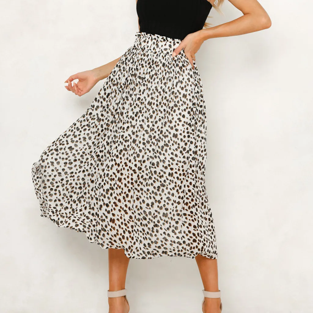 

2019 Fashion Women Summer Casual Chiffon Empire Elegant Elastic Leopard Print Vintage Beach Mid-Calf A-Line Skirt Vadim 50