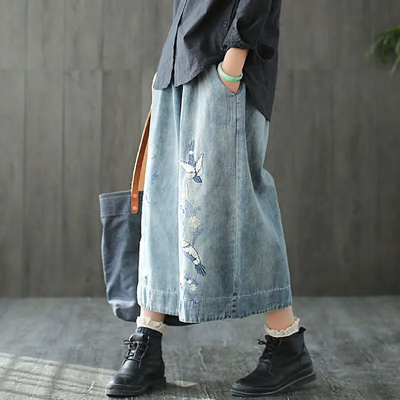 Mferlier Mori Girl Summer High Waist Jeans Lace Up Elastic Waist Bleached Retro Embroidery Wide Leg Women Jeans