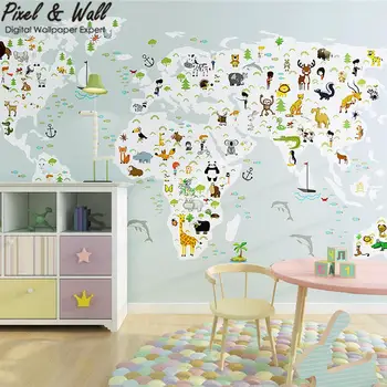 

Cartoon animal world map wallpaper mural home decoration children room STDM30228