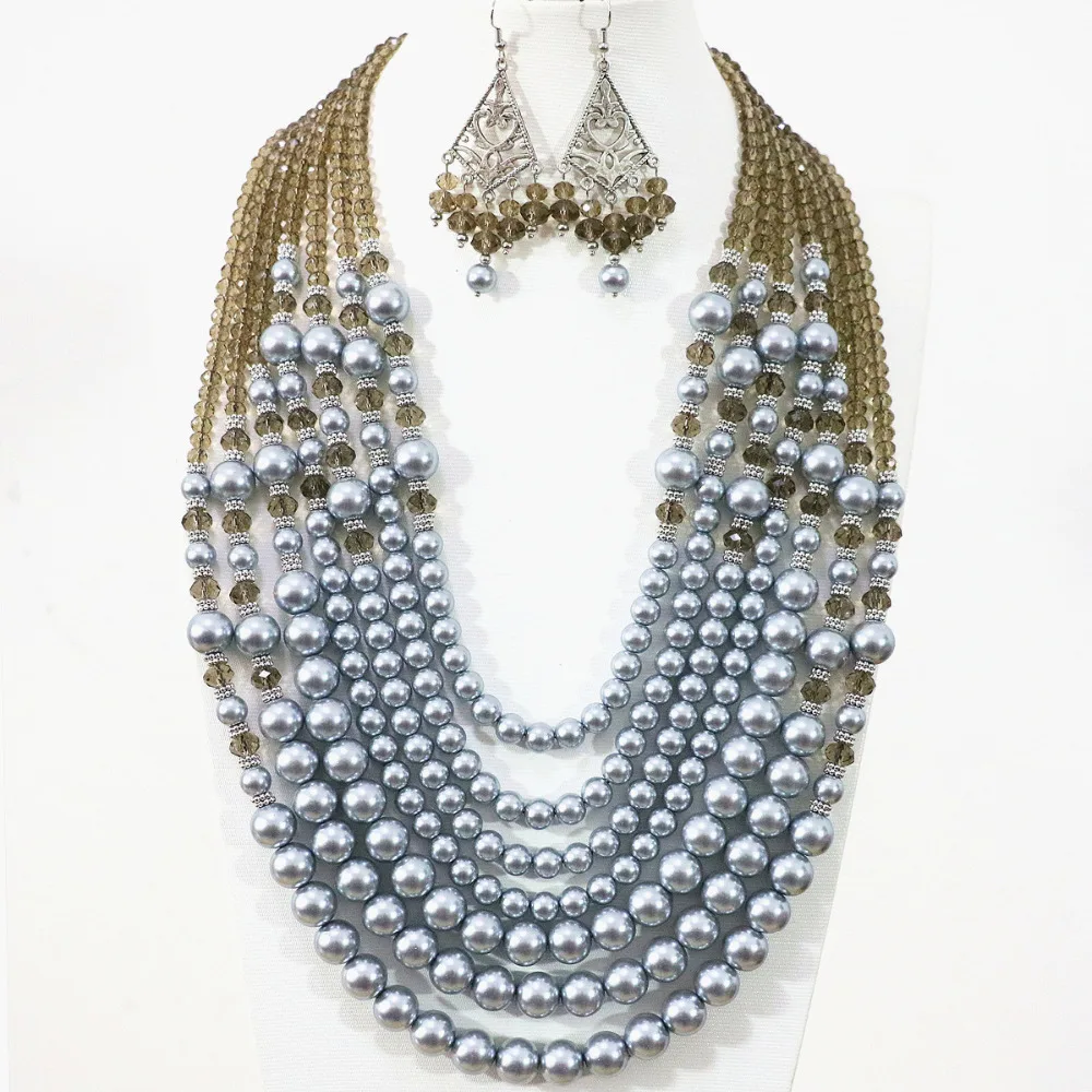 Fresh silver gray 7 rows elegant necklace earrings round imitation shell pearl crystal beads unique diy jewelry set B1311