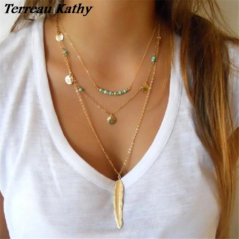 

2016 New Boho Simple Chain Gold Color Tassels Feather Pendant Multi Layer Necklace Fine Jewelry For Women