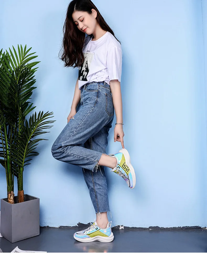 2019 Spring Sneakers Women Shiny Bling Lace-up Flats Shoes Women Basket Femme Trainers Shoes Chunky Sneakers creepers (12)
