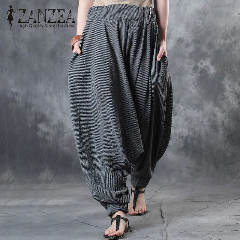 Goede ZANZEA 2018 Lente Mode Vrouwen Casual Losse Cross Broek Vintage Solid Elastische Basic Lange Broek Baggy Harem Pant Plus Size