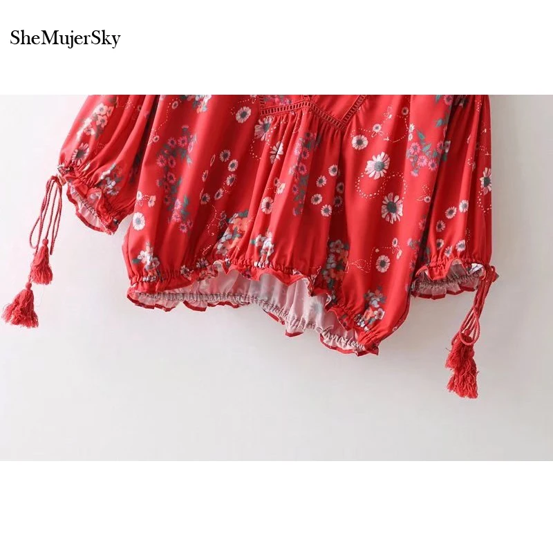 Женская блузка SheMujerSky красные женские летние топы с цветочным принтом и рукавом