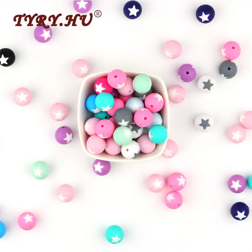 

TYRY.HU 50Pcs Food Grade Star Silicone Beads BPA Free Baby Silicone Teether Baby Teething Toy Necklace Round Bead Pacifier Chain