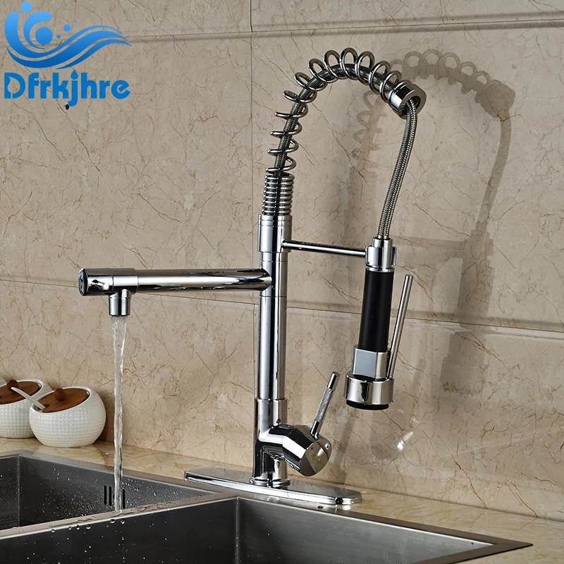 

Chrome Pull Out Finished Deck Mounted Swivel Spout Kitchen Sink Faucet With Cover Plate
