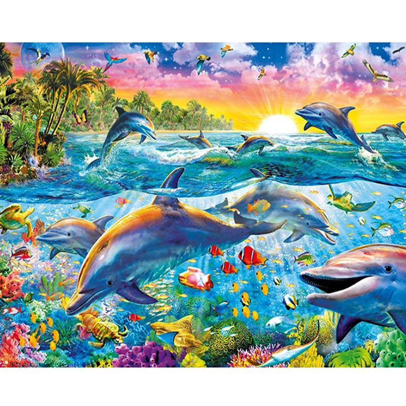 

Full 5D Diy Daimond Painting Cross-switch Dolphin 3D Diamond Painting Sea World Square/Round Rhinestones Painting Embroidery