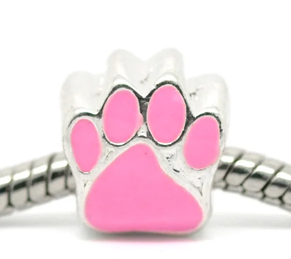 

1PC DoreenBeads European Charm Beads Pink Bear paw print Enamel Silver color About 11mm x 11mm,Hole 5mm