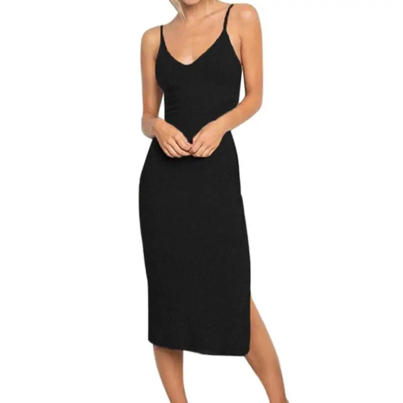 

Sexy Lady Hip Package Dress Summer Women V-Neck Sleeveless Casual Bodycon Party Dresses Womens Slim Rib Knit Split Dress #LH