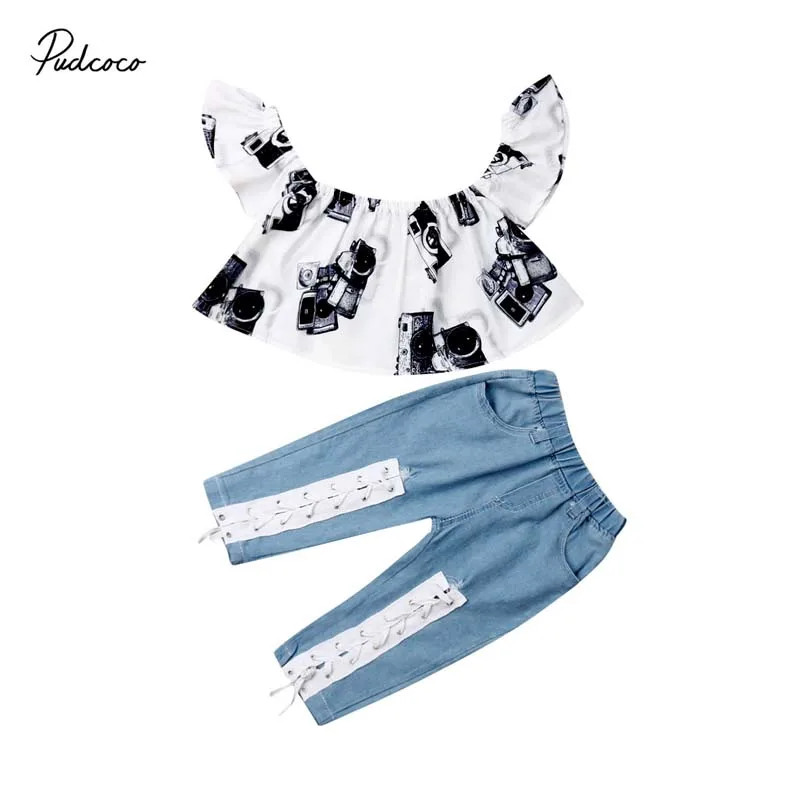

2019 Brand Summer 2PCS Kids Baby Girl Crop Tops Off Shoulder Camera Print Shirt+Long Lace-up Denim Pants New Fashion Clothes Set