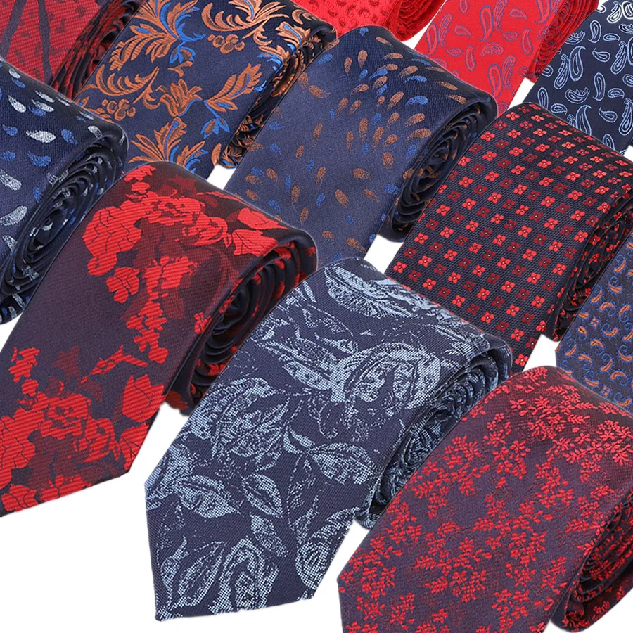 

YISHLINE NEW 7CM Ties Red Blue Floral Ties for Men Wedding Party Shirt Suit Bridegroom Long Necktie Polyester Silk Jacquard