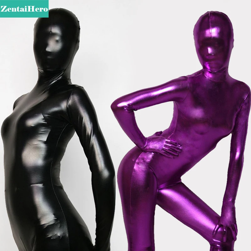 

Free Shipping Sexy Full Body Black/Purple Shiny Metallic Back Zipper Unisex Sexy Tights Zentai Fit Suit Halloween Costume B011
