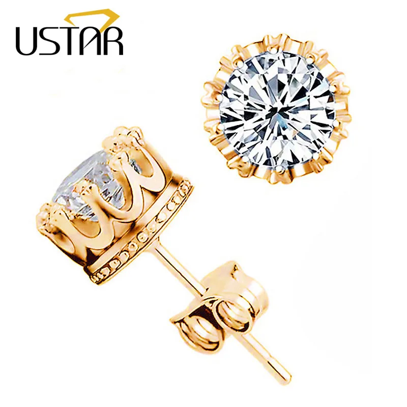 USTAR 1 карат, цирконий серьги-гвоздики с короной для женщин золотой цвет свадебные украшения, серьги женские Серьги brincos