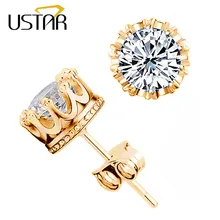 USTAR 1 карат, цирконий серьги-гвоздики с короной для женщин золотой цвет свадебные украшения, серьги женские Серьги brincos